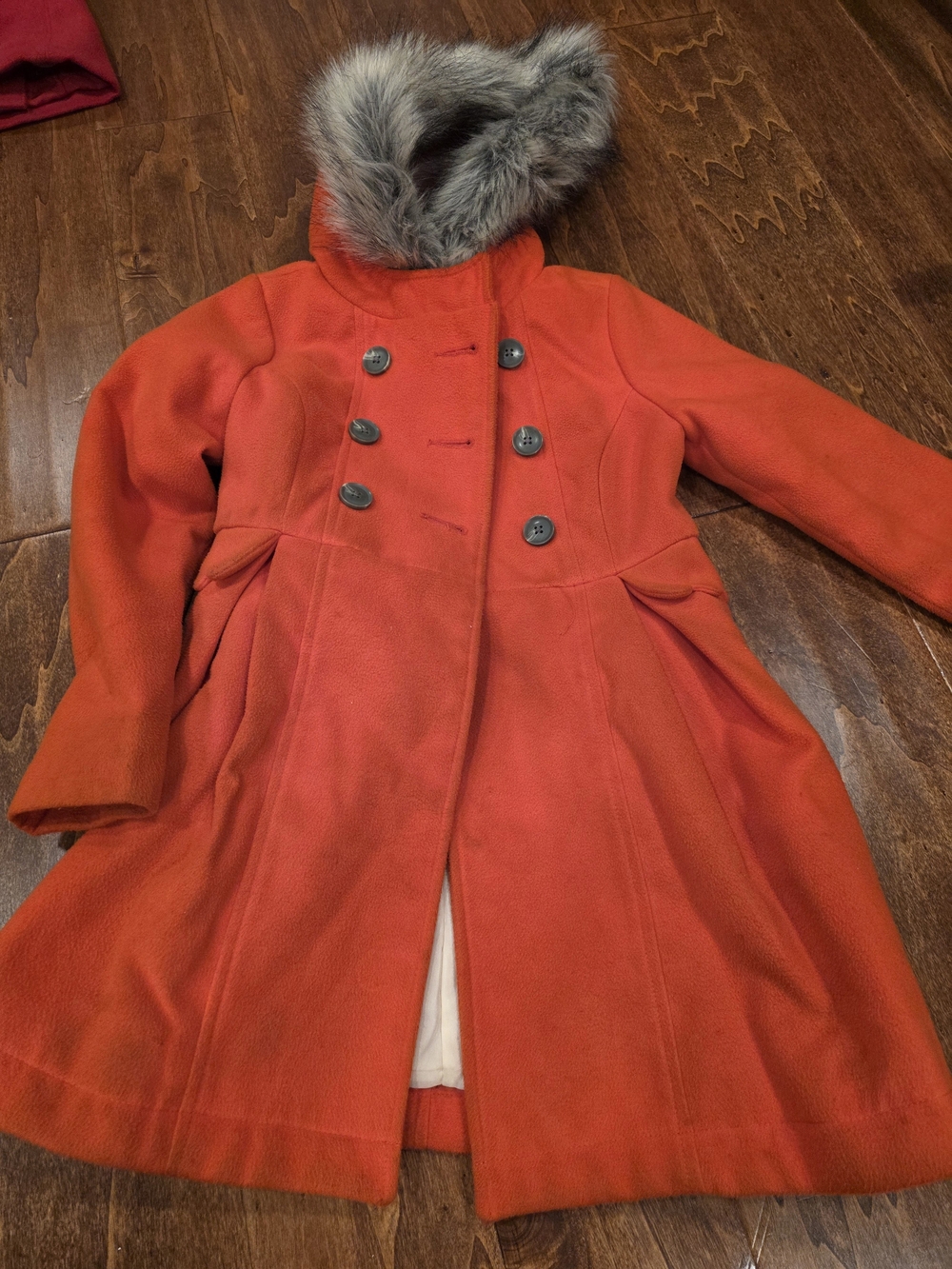 Cat & Jack Bright Orange Red Pea Coat w/ Faux Fur Hood Small (6/6X) EUC